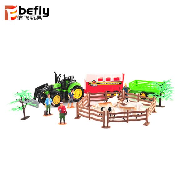 Plastic friction farm tractor toy with animal and fence