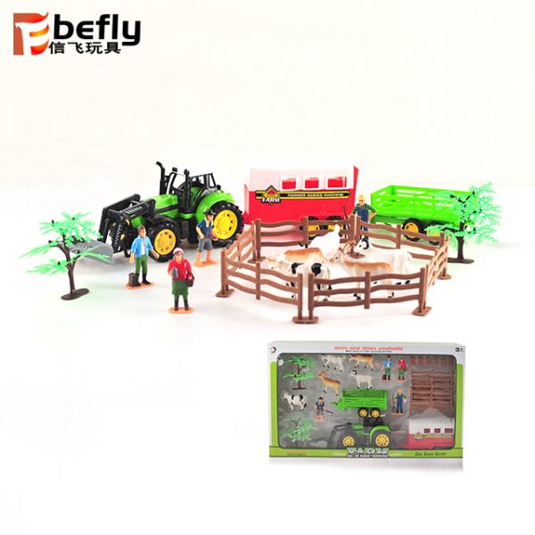Plastic friction farm tractor toy with animal and fence