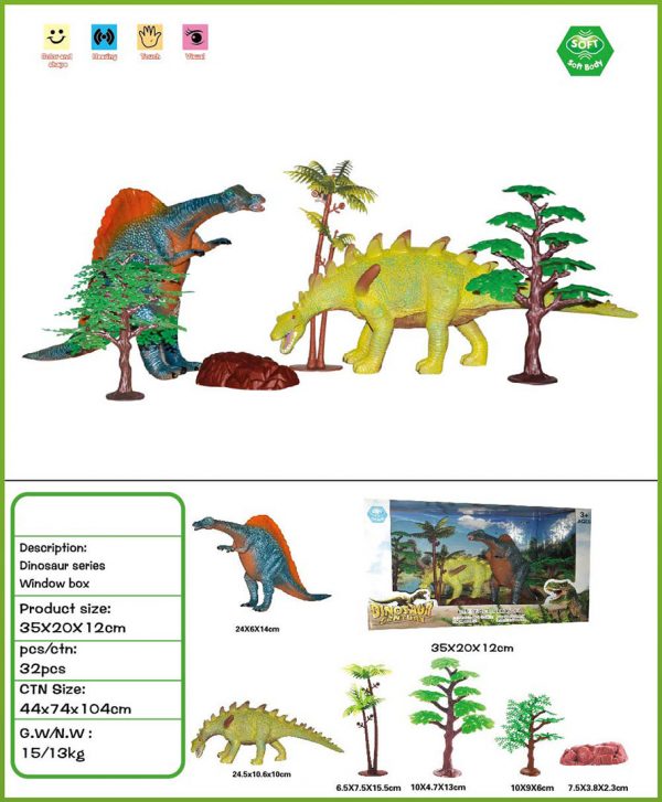 Vinyl stuffed soft dinosaur toy with tree and rock