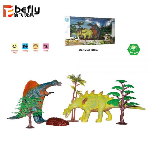 Vinyl stuffed soft dinosaur toy with tree and rock