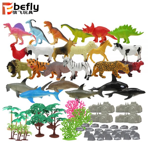 4 in 1 plastic rock tree set sea farm wild animal toy with dinosaur