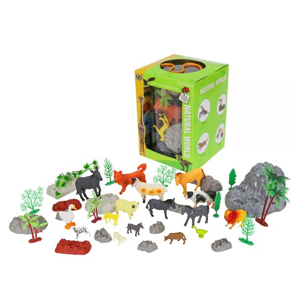 Mini farm park plastic animal set toy with tree and rock