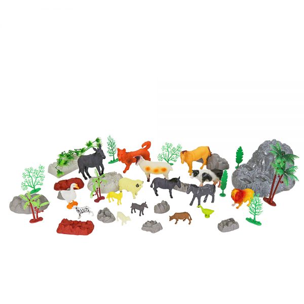 Mini farm park plastic animal set toy with tree and rock