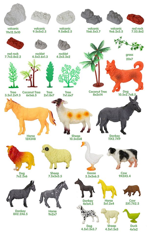 Mini farm park plastic animal set toy with tree and rock