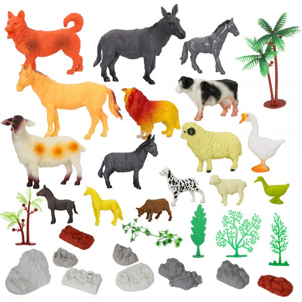 Mini farm park plastic animal set toy with tree and rock
