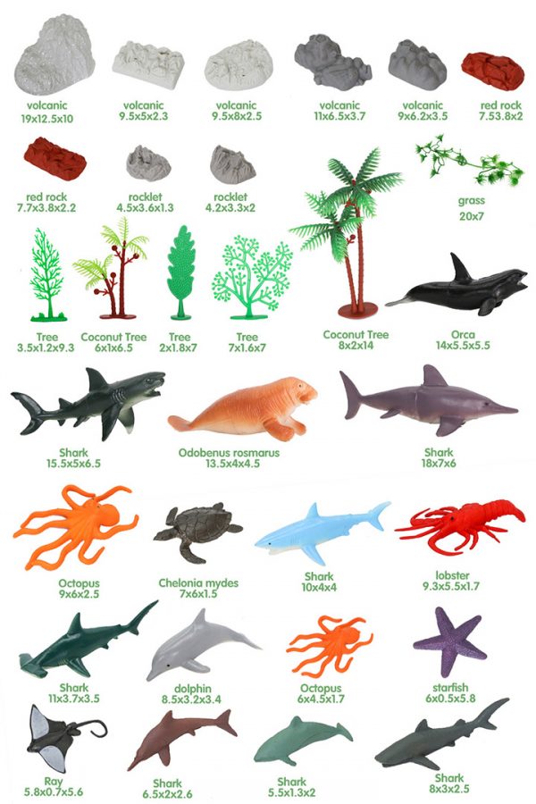 Plastic sea animal figure set toy with rock and glass