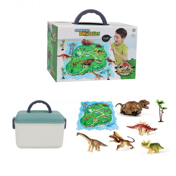 16pcs UV print plastic jigsaw puzzle track play set slot toy with electric dinosaur car