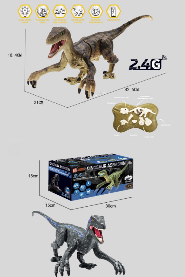 30mins play 30m distance velociraptor model plastic remote control toy dinosaur with light and sound