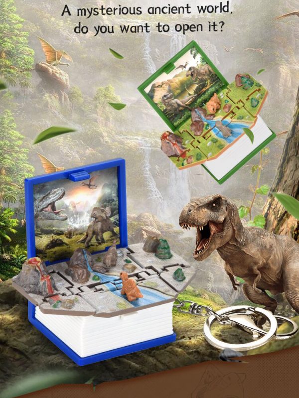 3D folding mini dinosaur world surprise bomb book key chain toy