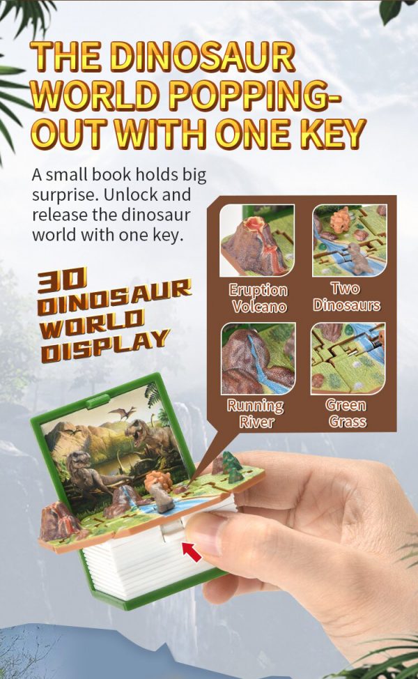 3D folding mini dinosaur world surprise bomb book key chain toy