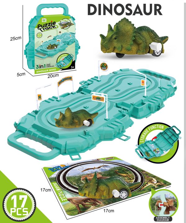 17pcs wind up play set dinosaur car slot toy with puzzle