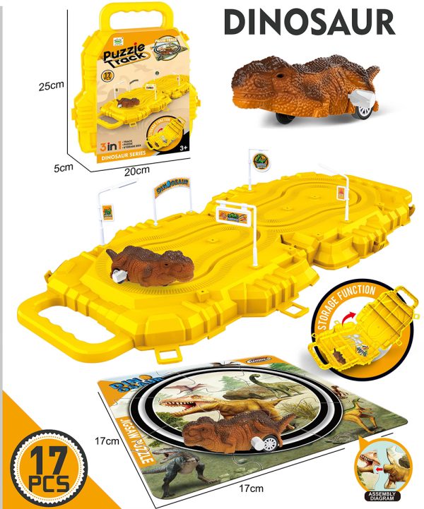 17pcs wind up play set dinosaur car slot toy with puzzle