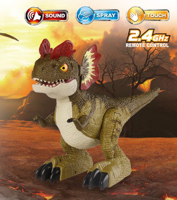 Touch sensing dance rotating radio control toy dinosaur with spray