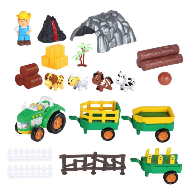 Cute montessori cow sheep horse dog animal model farm toy set with fence and volcano