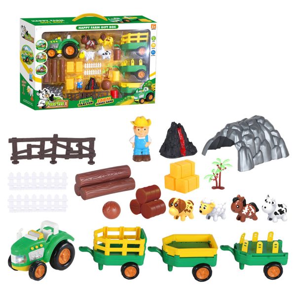 Cute montessori cow sheep horse dog animal model farm toy set with fence and volcano