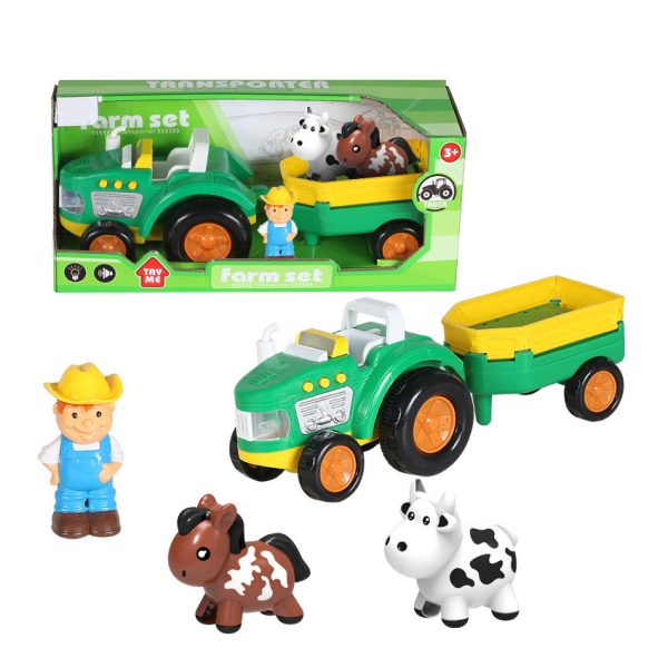 With cartoon cow horse farmer and transport cart farm animals toddler toy