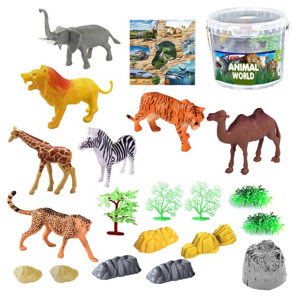 20pcs plastic jungle animal toy set with rock and tree