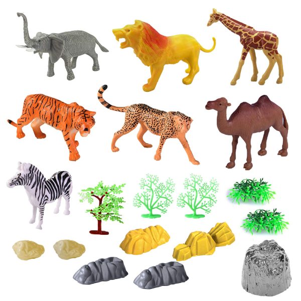 20pcs plastic jungle animal toy set with rock and tree
